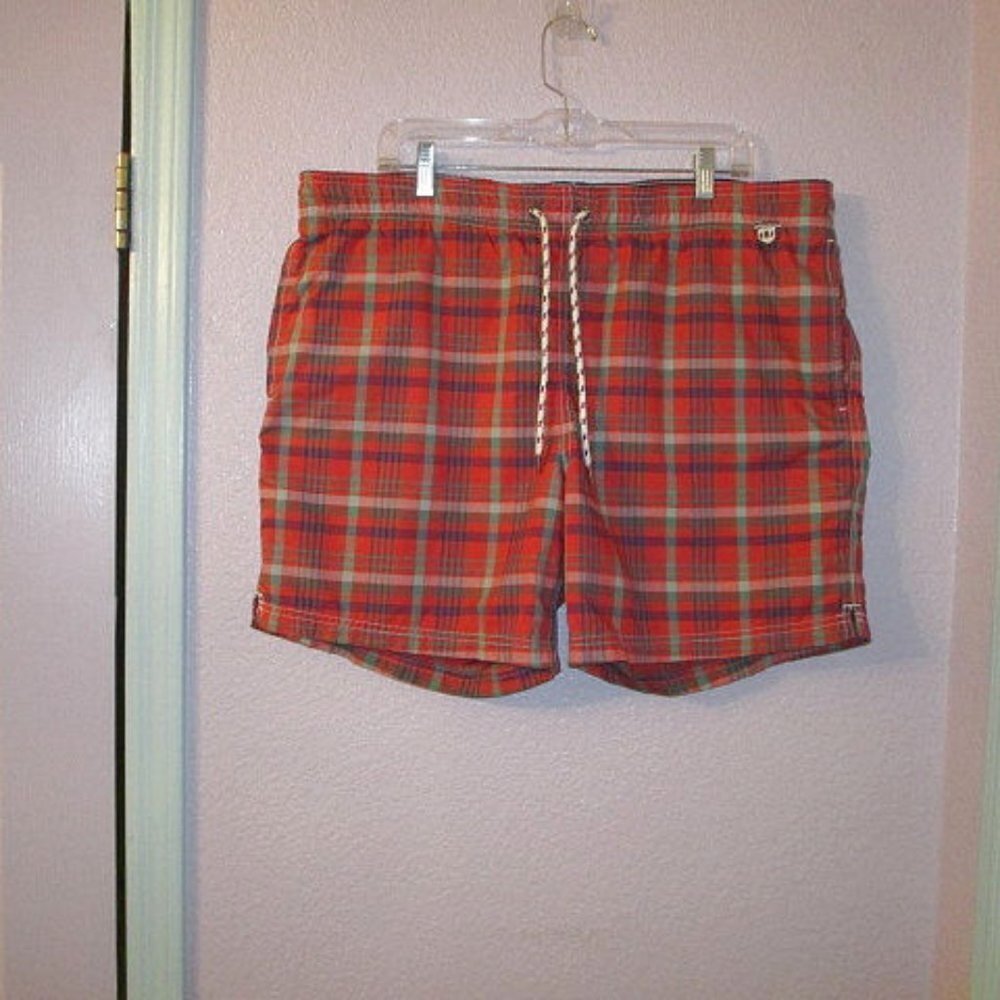 Lands End Mens UPF Swim Trunks Size L 36 38 Lined Pockets Drawstring Plaid EUC